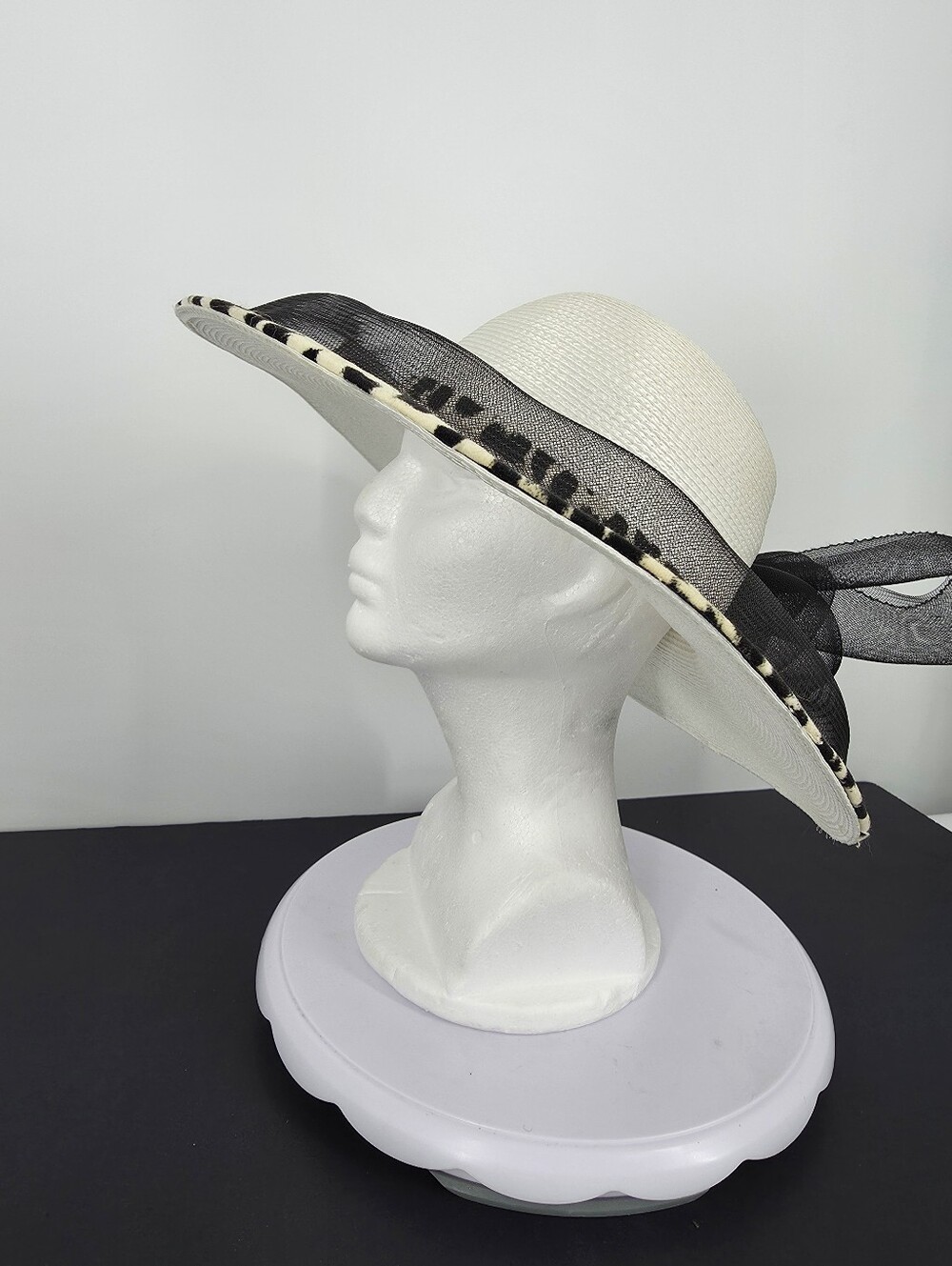 Vintage Wide Brim Sun Hat White Straw Sheer Black Mesh Bow Animal Print Derby